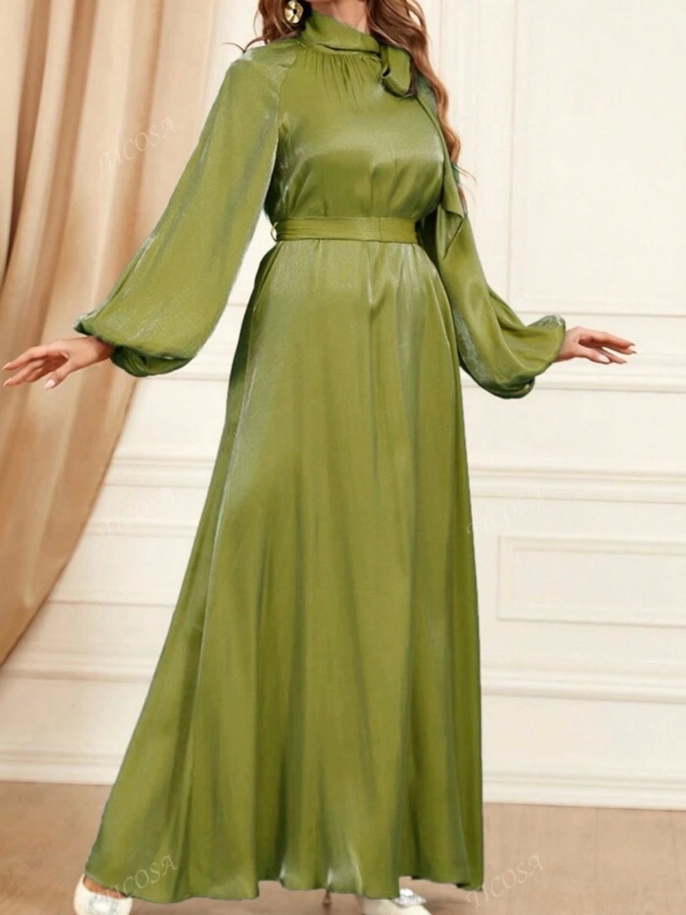 NWOT Olive Green Long Sleeve Maxi Dress with Tie Neck and Belt, and Nice Shine